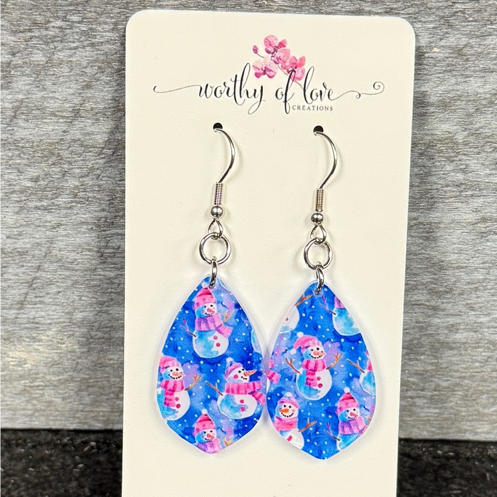 Snowman earrings, stainless steel and acrylic dangle drop earrings